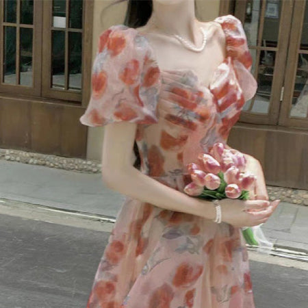 Square-neck Cinched Slimming Floral Dress - ANIBEY