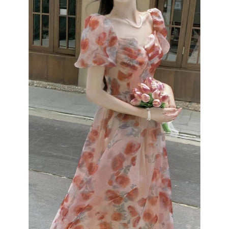 Square-neck Cinched Slimming Floral Dress - ANIBEY