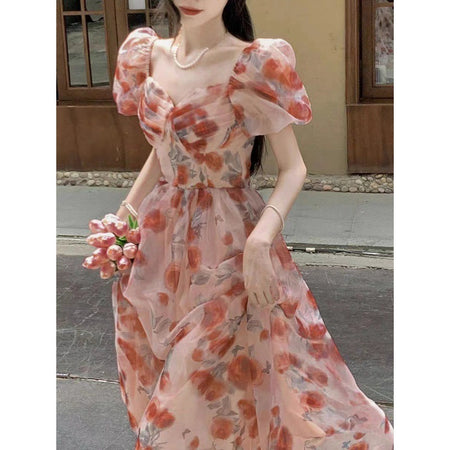 Square-neck Cinched Slimming Floral Dress - ANIBEY