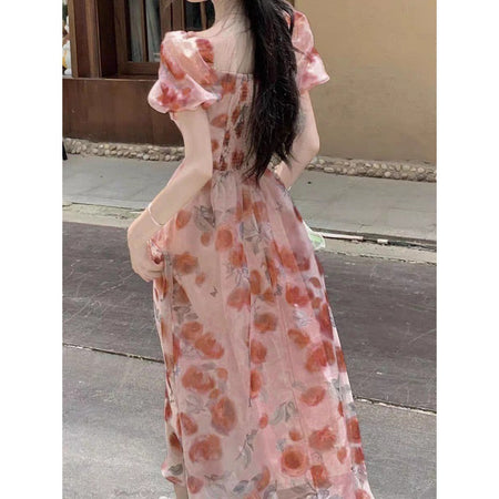 Square-neck Cinched Slimming Floral Dress - ANIBEY