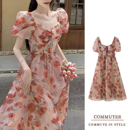 Square-neck Cinched Slimming Floral Dress - ANIBEY
