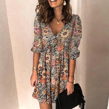 Women's V-neck Printed Loose Midi Dress - ANIBEY