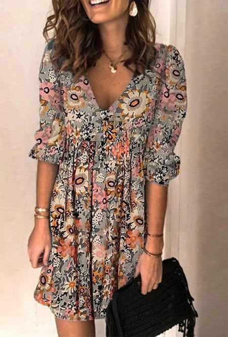 Women's V-neck Printed Loose Midi Dress - ANIBEY