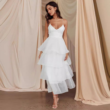 European And American Organza INS Deep V-neck Backless Sling Dress Leisure Vacation - ANIBEY