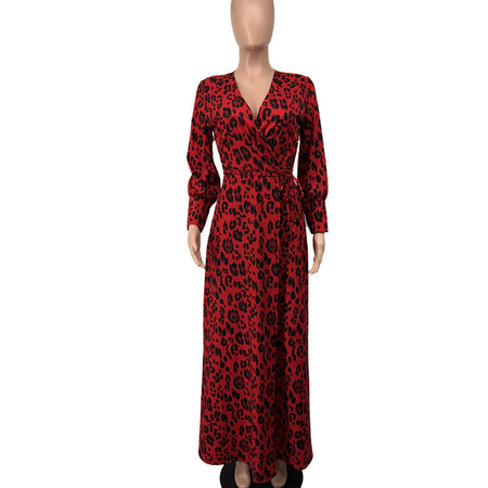 Printed Slit Long Skirt European And American Leopard Print Sexy Deep V Long-sleeved Dress - ANIBEY