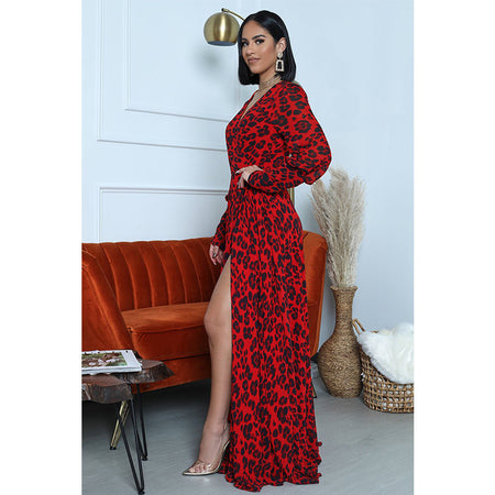 Printed Slit Long Skirt European And American Leopard Print Sexy Deep V Long-sleeved Dress - ANIBEY
