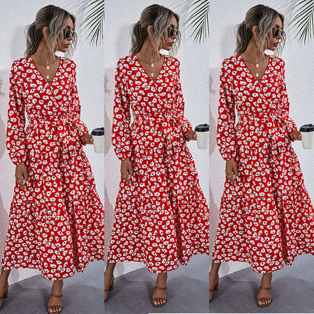 Printed V-Neck Lace-Up Lantern Sleeve Dress - ANIBEY