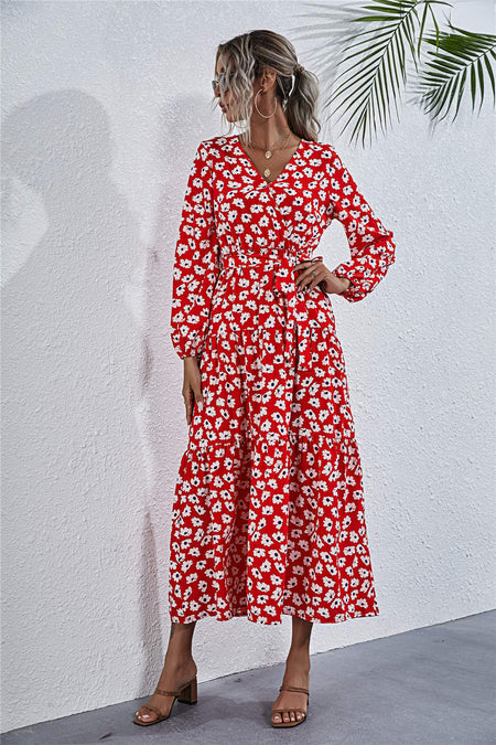 Printed V-Neck Lace-Up Lantern Sleeve Dress - ANIBEY