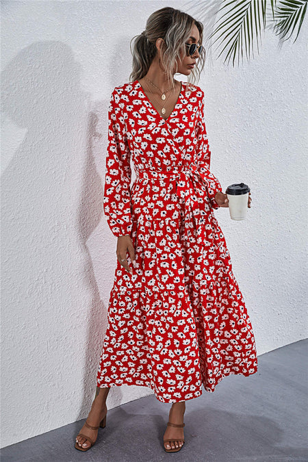 Printed V-Neck Lace-Up Lantern Sleeve Dress - ANIBEY