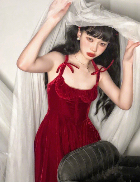 Red Birthday Little Dress Sling Velvet Dress - ANIBEY