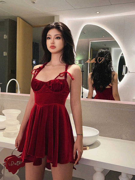 Red Birthday Little Dress Sling Velvet Dress - ANIBEY