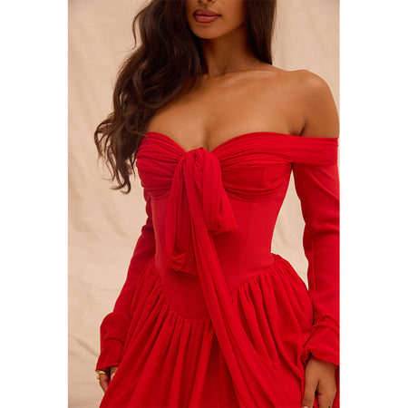 Women's Fashion Colorblock Off-neck Waist Flared Sleeve Dress - ANIBEY