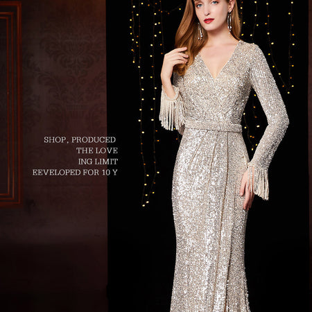 Temperament Banquet Ladies Sequined Annual Meeting Host Long Evening Dress - ANIBEY