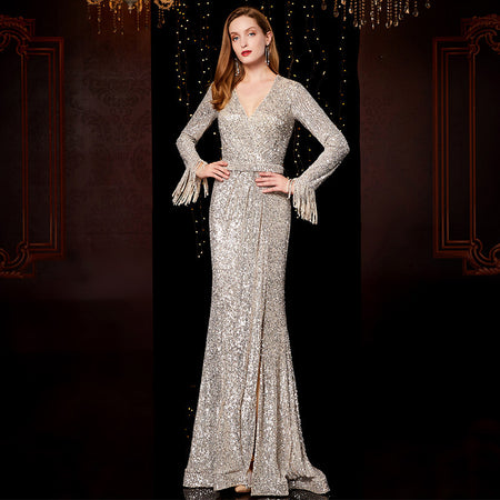 Temperament Banquet Ladies Sequined Annual Meeting Host Long Evening Dress - ANIBEY