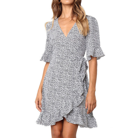 V-neck Floral Print Short Sleeve Women Dress - ANIBEY