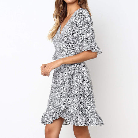 V-neck Floral Print Short Sleeve Women Dress - ANIBEY