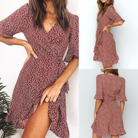 V-neck Floral Print Short Sleeve Women Dress - ANIBEY