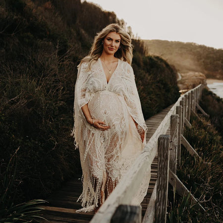 Lace Embroidery Plus Size Photography Pregnant Women Tassel Dress Bohemian Style - ANIBEY