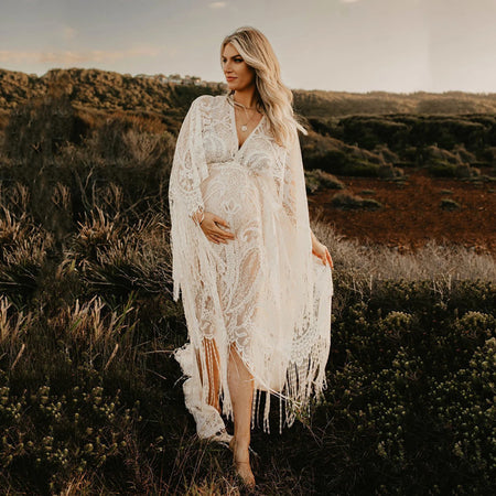 Lace Embroidery Plus Size Photography Pregnant Women Tassel Dress Bohemian Style - ANIBEY