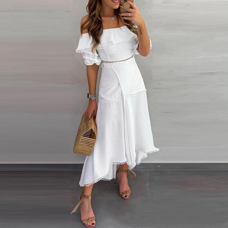 Off-shoulder ruffled top split skirt suit - ANIBEY