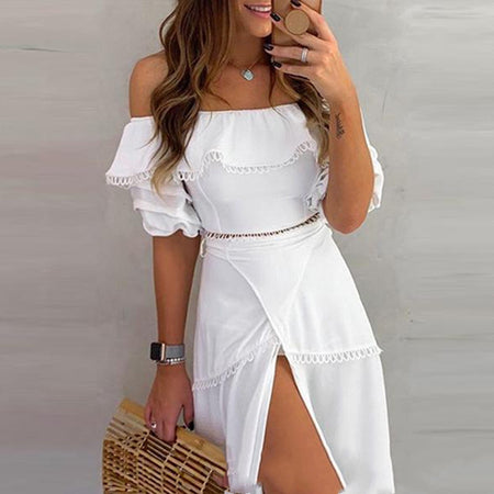 Off-shoulder ruffled top split skirt suit - ANIBEY