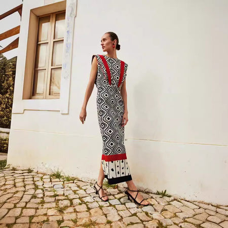 Retro Style Sleeveless Dress Color Collision Design Waist Trimming Printing - ANIBEY