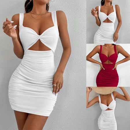 Solid Color New Dress Square Neck Sleeveless High Waist Short Section Intellectual Wind Package Hip Dress - ANIBEY