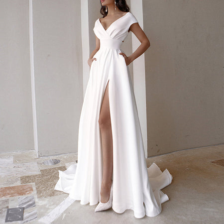 Women's Off-Shoulder Thigh Slit Solid Color Floor Long Dress - ANIBEY