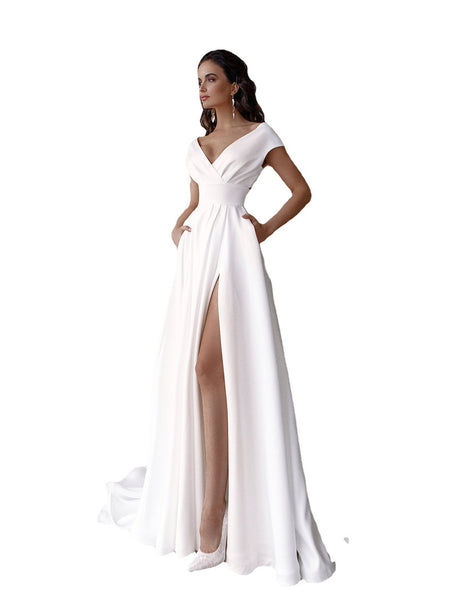 Women's Off-Shoulder Thigh Slit Solid Color Floor Long Dress - ANIBEY