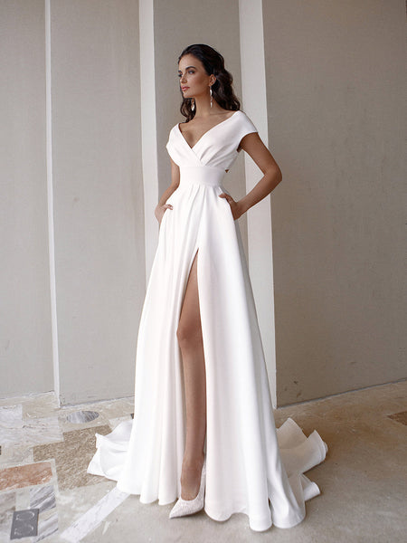 Women's Off-Shoulder Thigh Slit Solid Color Floor Long Dress - ANIBEY