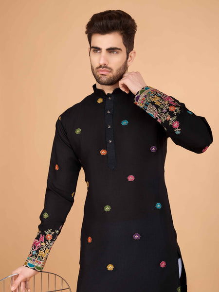 Black Designer Viscose Silk Kurta with Thread Work – TULIP - ANIBEY