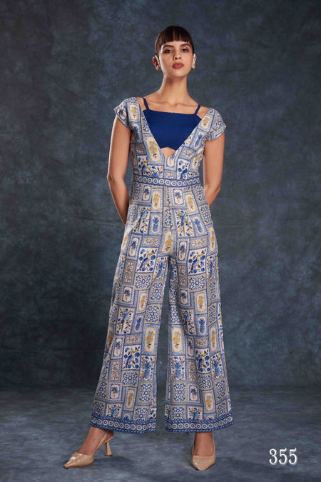 Buy Navy Blue Digital Printed Linen Jumpsuit From Ethnic Plus - ANIBEY