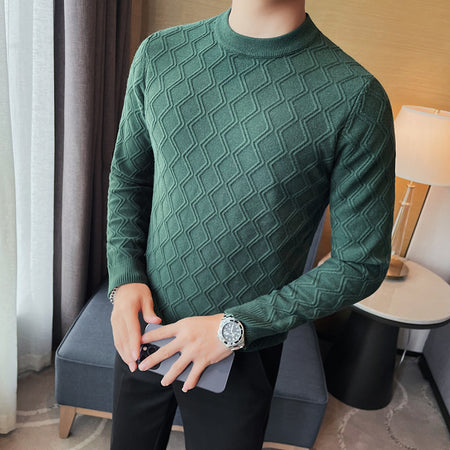 Round Neck High Elastic Diamond Plaid Sweater - ANIBEY
