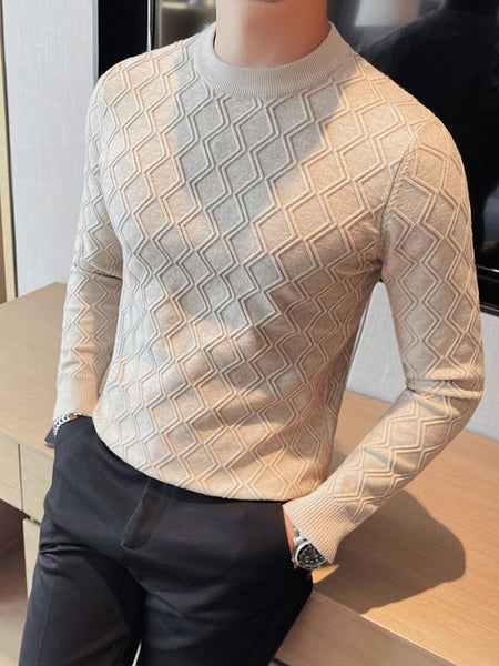 Round Neck High Elastic Diamond Plaid Sweater - ANIBEY