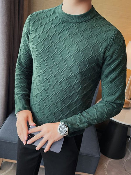 Round Neck High Elastic Diamond Plaid Sweater - ANIBEY