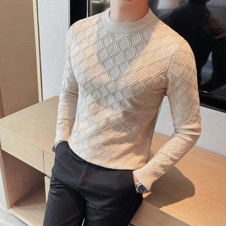 Round Neck High Elastic Diamond Plaid Sweater - ANIBEY