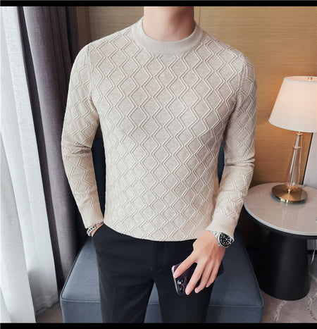 Round Neck High Elastic Diamond Plaid Sweater - ANIBEY