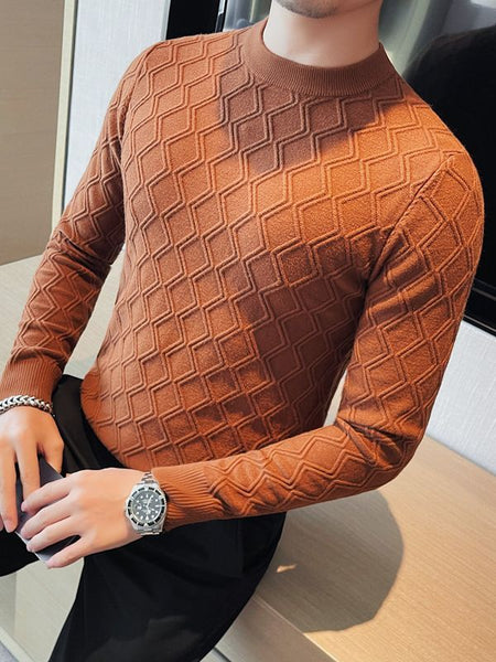 Round Neck High Elastic Diamond Plaid Sweater - ANIBEY
