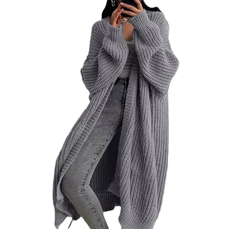 Knitted Long Cardigan With Pockets Fashion All-match Lantern-sleeved Coat - ANIBEY
