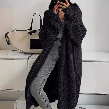 Knitted Long Cardigan With Pockets Fashion All-match Lantern-sleeved Coat - ANIBEY