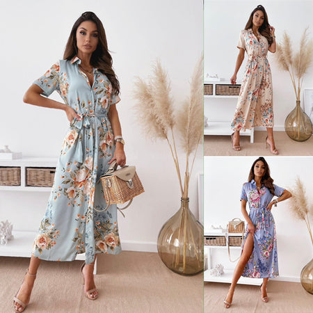 Short Sleeve V-neck Bohemian Shirt Dress - ANIBEY