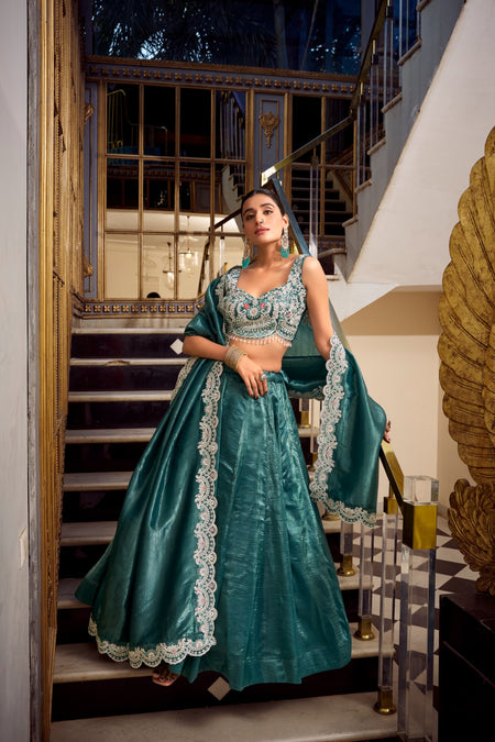 Pista Color Gold Crush Lehenga Choli - ANIBEY