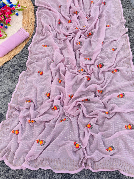 VAF SELF DESIGN CHIFFON TITLI EMBROIDERY SAREE WITH MATCHING EMBRODIERY BLOUSE - ANIBEY