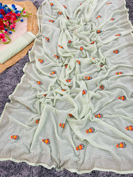 VAF SELF DESIGN CHIFFON TITLI EMBROIDERY SAREE WITH MATCHING EMBRODIERY BLOUSE - ANIBEY