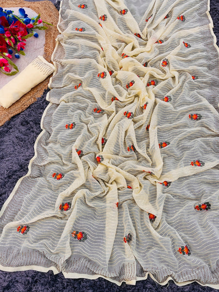 VAF SELF DESIGN CHIFFON TITLI EMBROIDERY SAREE WITH MATCHING EMBRODIERY BLOUSE - ANIBEY