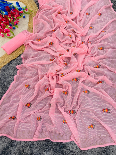 VAF SELF DESIGN CHIFFON TITLI EMBROIDERY SAREE WITH MATCHING EMBRODIERY BLOUSE - ANIBEY