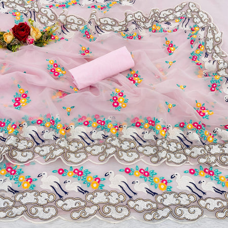 Women's Bollywood Style Zimmy Choo Organza Fabric Saree on Beautiful Multi Thread & Embroidery Sequence Fancy Border Cut Work - ANIBEY