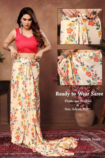 Women's Readymade Pleated Pre Drape Stitched Georgette - ANIBEY