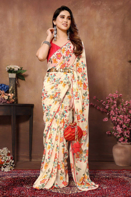 Women's Readymade Pleated Pre Drape Stitched Georgette - ANIBEY