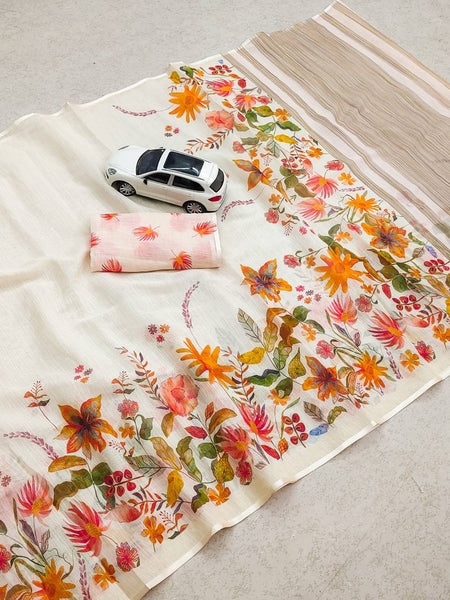 WONDERFUL LINEN COTTON DIGITAL PRINT SAREE WITH - ANIBEY